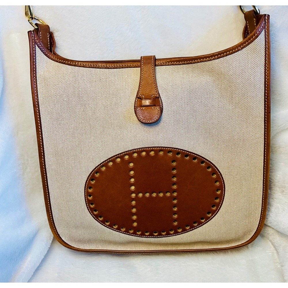 Hermes Evelyne GM Crossbody Bag Canvas Leather Cognac Authentic - Picture 4 of 16